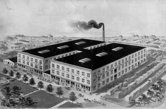 This stylized depiction of the Delker Bros. Buggy Co. appeared in a 1911 pamphlet issued by the Henderson Commercial Club. The building occupied most of the east side of Green Street between First and Second streets. The Delker family began building buggies here in 1863 and by 1898 was shipping them to every state in the nation. In 1921 it began building furniture and it built its last buggy in 1926. The business closed in 1973 and the building was razed in the fall of 1975.