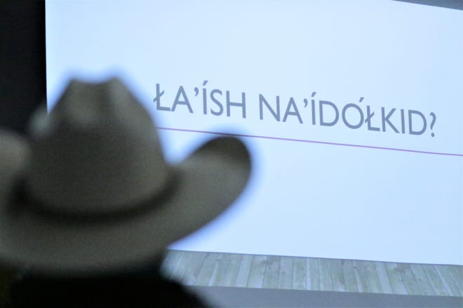 A slide at a presentation about using online tools to teach the Navajo language shown during the Diné Language Teachers Association Conference on Oct. 17, 2019 at San Juan College in Farmington.