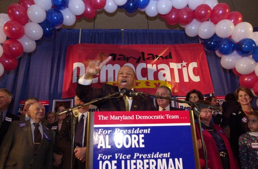 Congressman Elijah Cummings, D-Md., speaks to supporters at a victory party on Nov. 7, 2000, in Baltimore. ]