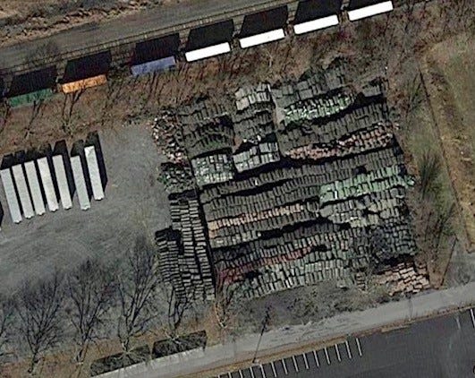 This satellite photo from Google Earth shows thousands of rolls of turf at a private business in Cleona, a small borough in Lebanon County, Pennsylvania.