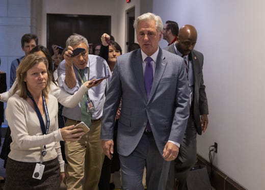 House Minority Leader Kevin McCarthy (R-CA) talks to the media after a closed session before the House Intelligence, Foreign Affairs and Oversight committees Oct. 15, 2019 at the U.S. Capitol in Washington, DC. 