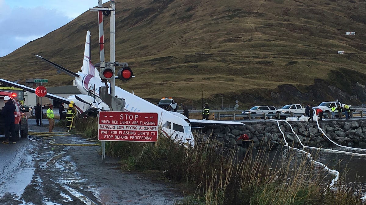 A commuter airplane has crashed near the airport in a small Alaska community on the Bering Sea, Thursday, Oct. 17, 2019, in Unalaska, Alaska. Freelance photographer Jim Paulin says the crash at the Unalaska airport occurred Thursday after 5 p.m.