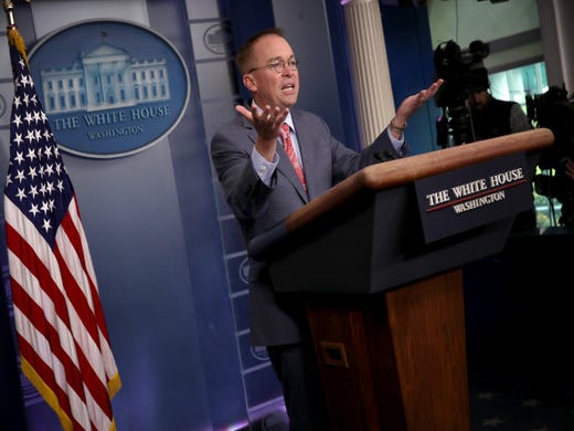 Acting White House Chief of Staff Mick Mulvaney answers questions during a briefing at the White House Oct. 17, 2019 in Washington, DC. Mulvaney acknowledged that aid to Ukraine at the center of a House impeachment inquiry was withheld in part because of the president's desire for the country to investigate potential corruption regarding U.S. domestic politics.