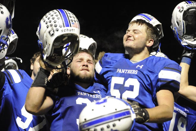 Southeastern running back Mikey Nusser celebrates with teammates after 28-21 win over Unioto at Southeastern High School on Friday, Oct. 18, 2019 in Chillicothe Ohio.