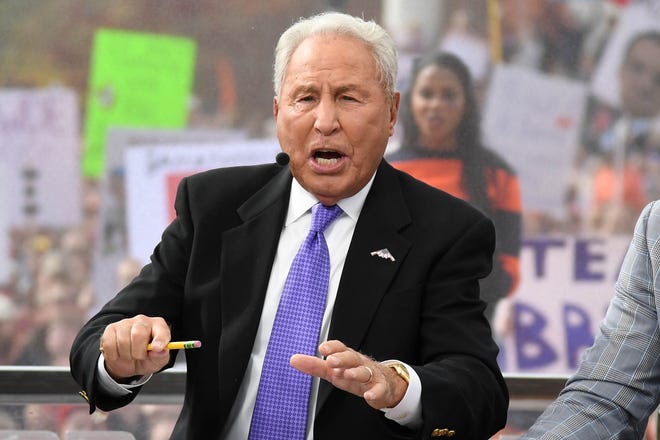 Lee Corso broadcasts before the game between the Auburn Tigers and the Alabama Crimson Tide at Jordan-Hare Stadium on Nov. 25, 2017.