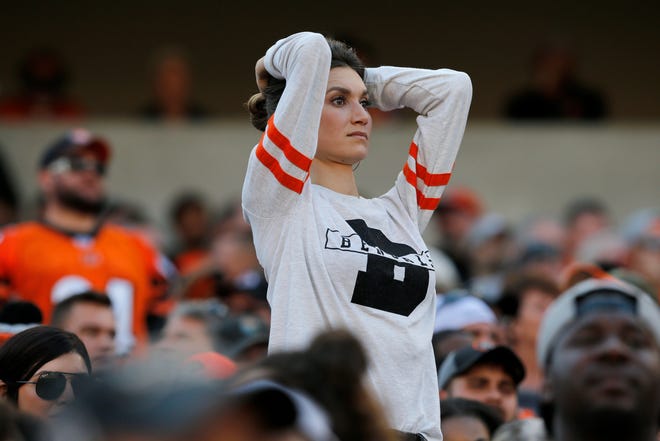 Bengals fans react after an incomplete pass in the fourth quarter of the NFL Week 7 game between the Cincinnati Bengals and the Jacksonville Jaguars at Paul Brown Stadium in downtown Cincinnati on Sunday, Oct. 20, 2019. The Bengals fell to 0-7 on the season with a 27-17 loss at home.