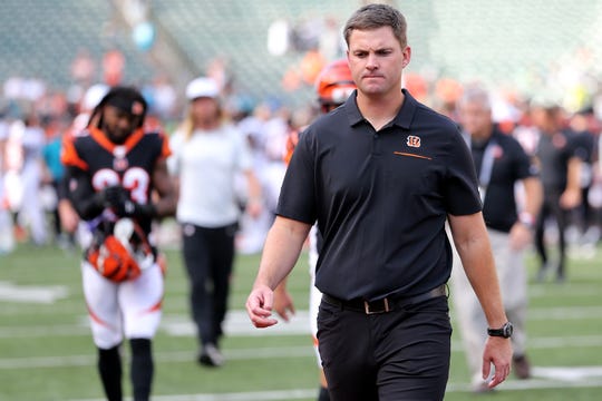 Cincinnati Bengals head coach Zac Taylor walks off the field after the fourth quarter during a Week 7 NFL football game against the Jacksonville Jaguars, Sunday, Oct. 20, 2019, at Paul Brown Stadium in Cincinnati. Jacksonville Jaguars won 27-17. 