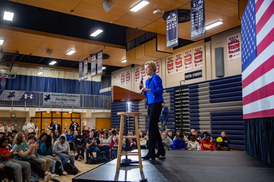 Democratic presidential candidate Sen. Elizabeth Warren, D-Mass., speaks and takes questions at Roosevelt High in Des Moines Monday, Oct. 21, 2019.