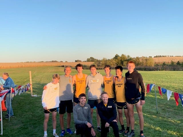 The Southeast Polk boys won the CIML conference cross country meet Thursday in Marshalltown. In front are coaches Aaron Wells and Pat Owens. In back, from left: Carson Owens, Eric Patterson, Caden Mitchell, Drake Hanson, Cade Mash, Hudson Frank and Chade Bartlett.