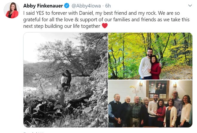 A tweet from October 20 from representative Abby Finkenauer announcing her engagement.