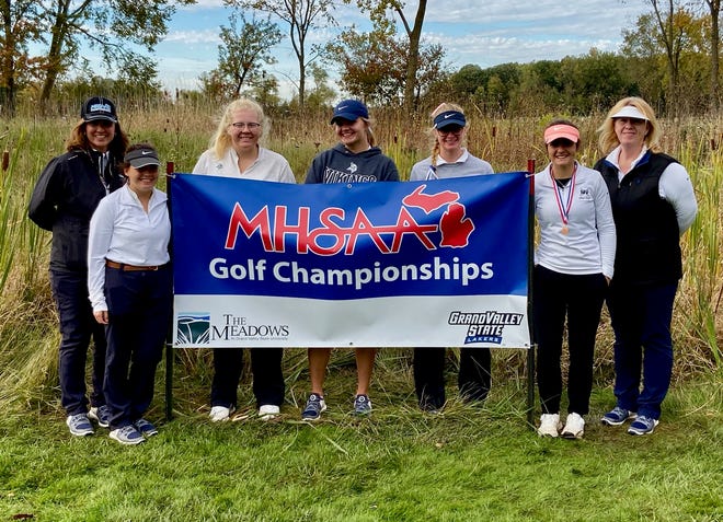 The Marysville girls golf team placed sixth at the Division 3 state championship Oct. 18-19 at The Meadows at Grand Valley State University. Pictured are (l-r) Wendy Palmateer, Jordyn Roberge, Anna Tovarez, Jadeyn Sattler, Sydney Anger, Madeline Blum and assistant Brenda Simpson.