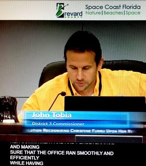 A screen shot showing closed captioning during a broadcast of a County Commission meeting, with County Commissioner John Tobia in the image. Brevard County now is offering this feature, and taking other steps to be in compliance with the Americans with Disabilities Act.