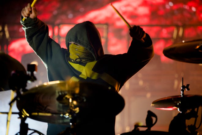 Josh Dun, Twenty One Pilots drummer, performs during the Twenty One Pilots Banditos Tour Tuesday, Oct. 22, 2019, at US Bank Arena in Cincinnati.