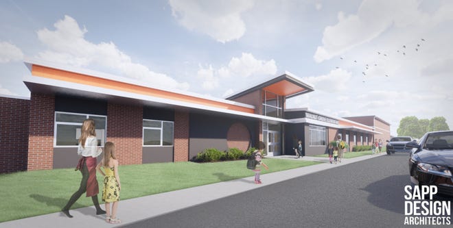 A rendering from Sapp Design Architects showed what the exterior of the new elementary school will look like if the district's tax levy increase is approved. It's the fourth time the proposal has appeared on ballots after being narrowly rejected the previous three times.