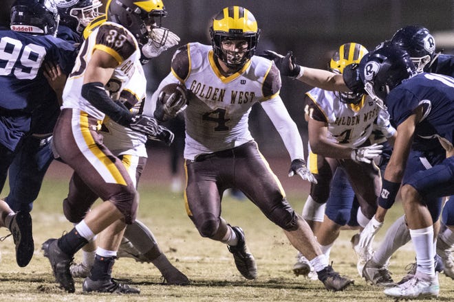 Golden West's Lonnie Wessel runs against in a West Yosemite League high school football game on Friday, October 11, 2019.
