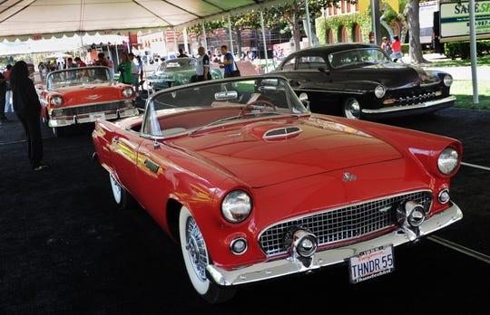 A 1955 Ford Thunderbird on display with other classic cars at the Cartopia exhibition celebrating Southern California's early car culture at the USC campus in Los Angeles on April 7, 2010.