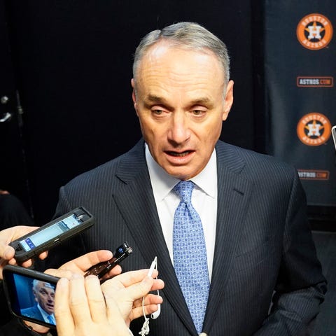 Manfred speaks to reporters prior to Game 2 of the
