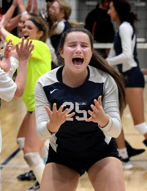Dallastown's Izzy Ream celebrates a win over Central York during the York-Adams League volleyball title match at Dallastown Wednesday, October 23, 2019. Dallastown won in 5 sets. Bill Kalina photo