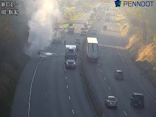 A vehicle fire is slowing traffic on Interstate 83 northbound near the Newberrytown exit Thursday, Oct. 24. Photo courtesy of 511pa.com.