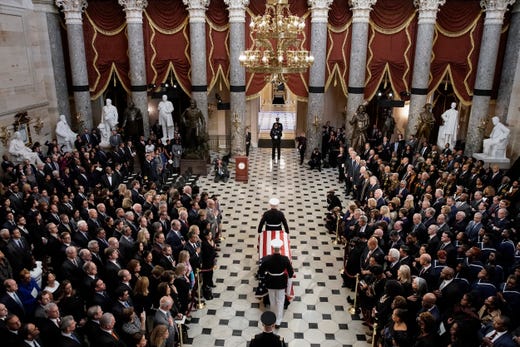 The flag-draped casket of late Rep. Elijah Cummings D-Md is carried through the Capitol during a memorial service in Washington, D.C., Oct. 24, 2019.&nbsp;