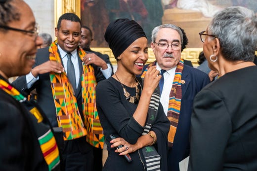 Democratic Congresswoman Ilhan Omar joins other members of the Congressional Black Caucus to await the casket of late Rep. Elijah Cummings D-Md.,&nbsp;in the Rotunda of the U.S. Capitol in Washington on Oct. 24, 2019.&nbsp;