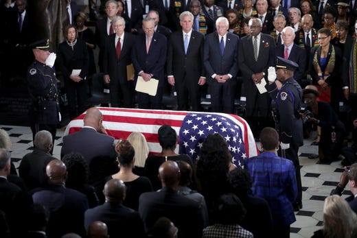 The flag-draped casket of Rep. Elijah Cummings, D-Md., lies in state at the Capitol, Thursday, Oct. 24, 2019 in Washington. He died died on&nbsp; Oct. 17,&nbsp; 2019.&nbsp;