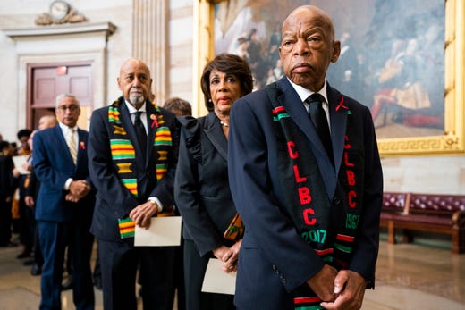 Democratic Rep. John Lewis from Georgia joins other members of the Congressional Black Caucus to await the casket of late Democratic Representative from Rep. Elijah Cummings D-Md., in the Rotunda of the U.S. Capitol in Washington,&nbsp; Oct. 24, 2019.&nbsp;