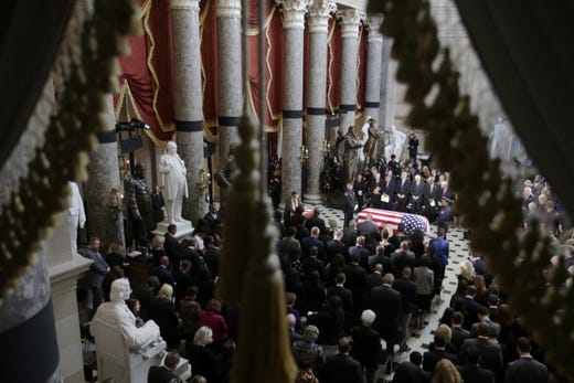 The flag-draped casket of Rep. Elijah Cummings D-Md is seen as the late congressman lies in state during a memorial service at the Statuary Hall of the U.S. Capitol in Washington, Oct. 24,&nbsp; 2019.&nbsp;