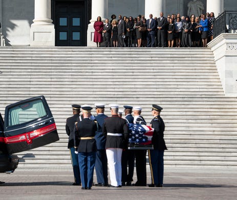 The casket of Rep. Elijah Cummings D-Md is carried by honor guard up the U.S. Capitol steps, the congressman will lie in state at a ceremony in Statuary Hall in the U.S. Capitol.&nbsp;