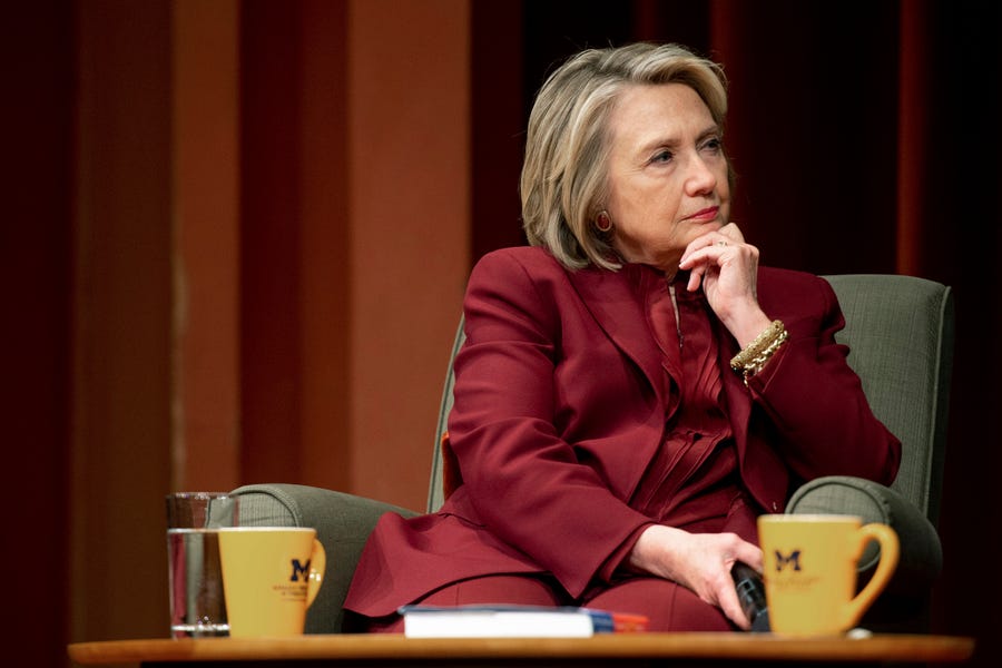Hillary Clinton listens during a lecture on foreign policy at Rackham Auditorium, Thursday, Oct. 10, 2019 in Ann Arbor, Mich.