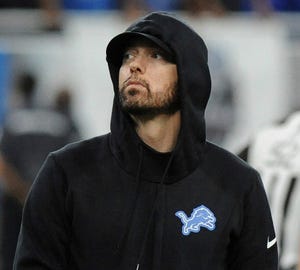 Eminem on the sidelines at Ford Field for a Lions game.