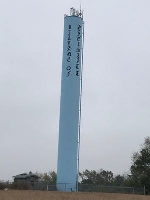 The Village of Freistatt water tower is shown on Oct. 25, 2019. An internet service company that made a deal with the village government and residents is under criticism for its business practices. The company got access to the water tower to place equipment necessary to provide modern internet service.