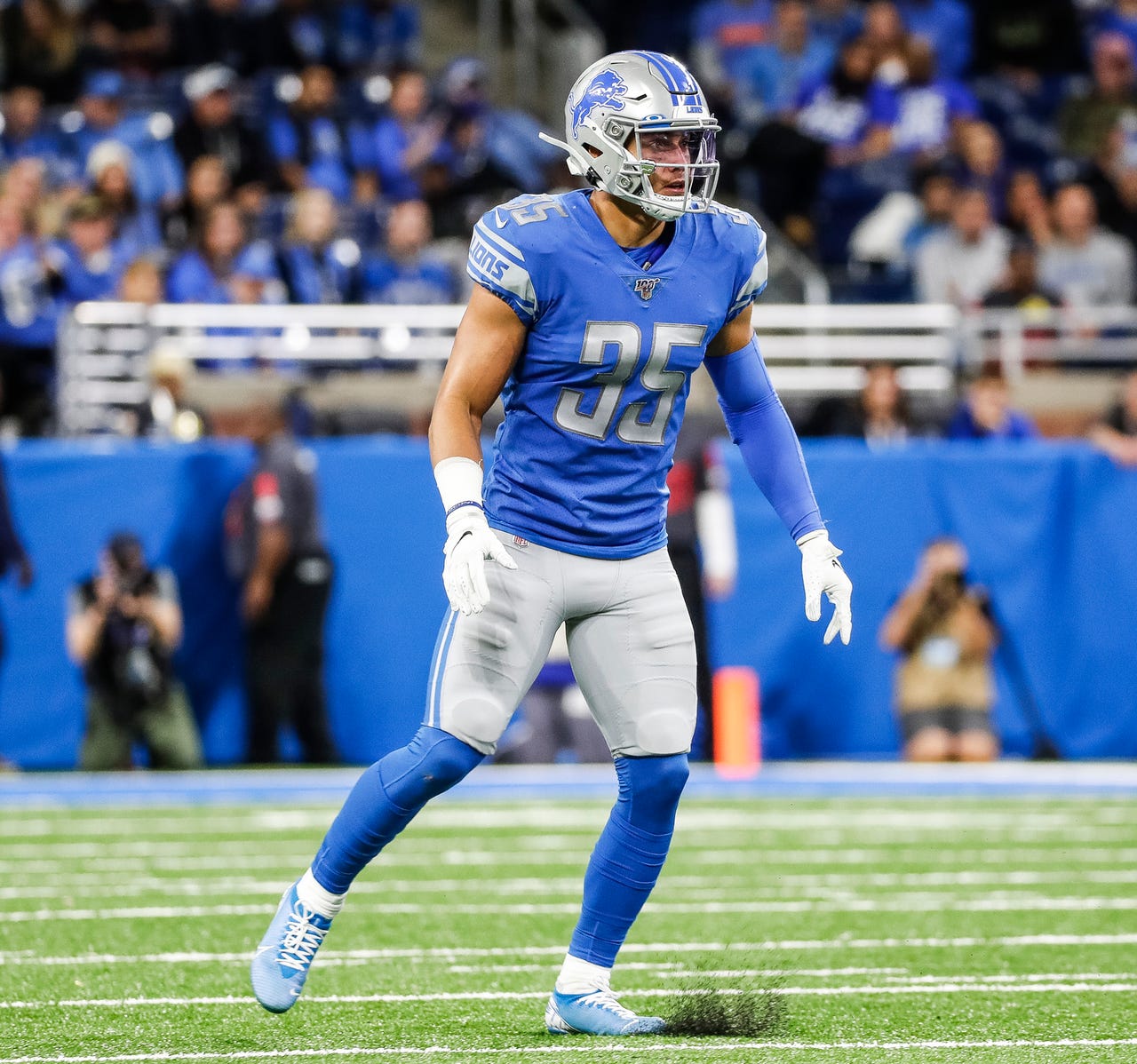 Lions defensive back Miles Killebrew in his position for a play against the Giants during the second half of the Lions' 31-26 win on Sunday, Oct. 27, 2019, at Ford Field.