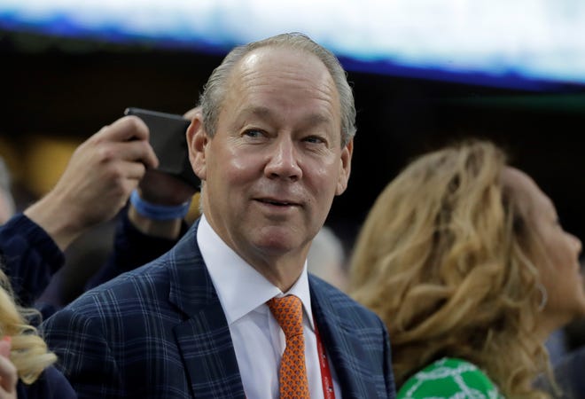 FILE - In this Nov. 1, 2017 file photo Houston Astros owner Jim Crane is seen before Game 7 of baseball's World Series against the Los Angeles Dodgers in Los Angeles. Crane has sent a letter to a Sports Illustrated reporter to apologize for accusing her of trying to 
"fabricate a story" and to retract its statement. Assistant general manager Brandon Taubman eventually was fired for directing inappropriate comments at female reporters during the team's celebration after clinching the AL pennant. But the Astros initially called Stephanie Apstein’s report on it “misleading and completely irresponsible.” Crane now says: “We were wrong.” (AP Photo/David J. Phillip, file)