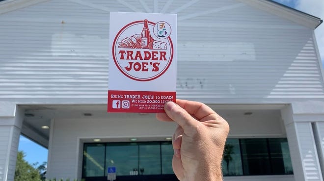 Eau Gallie artist Derek Gores holds up a Trader Joe’s logo in October 2019 to show what it would look like on the former Walgreens building during the social media campaign aimed at attracting the grocery chain.