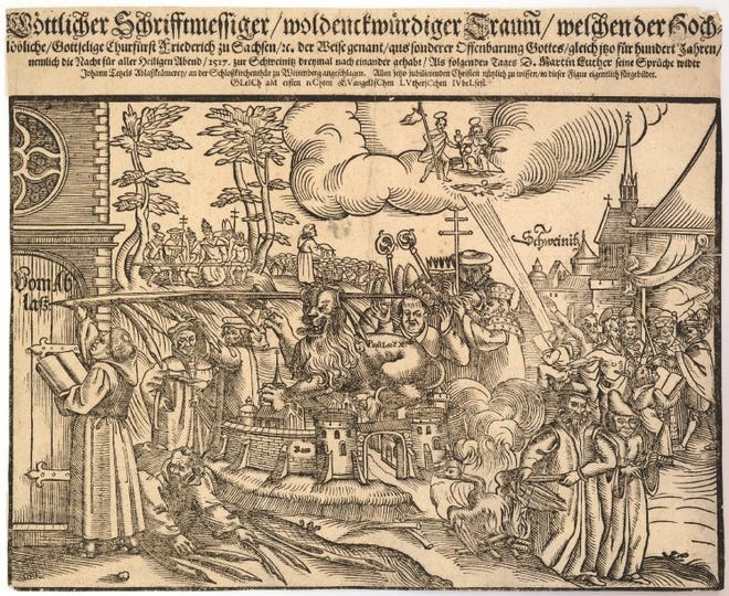 A print made for the 1617 Reformation Jubilee shows Luther writing the Theses on the Wittenberg church door.