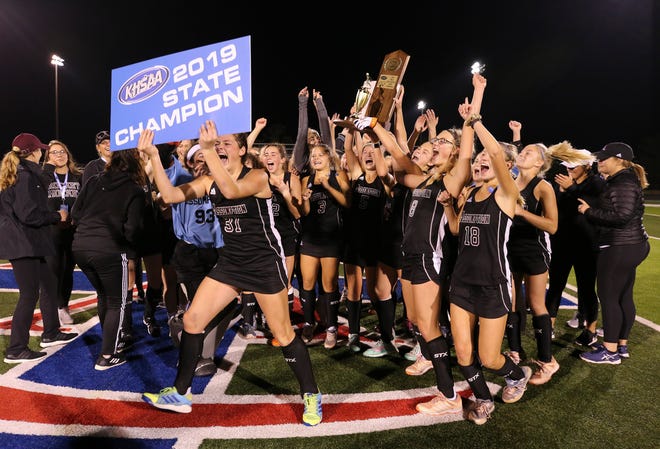 Assumption celebrated after they defeated Christian Academy of Louisville to win the KHSAA Field Hockey Championship on the CAL field in Louisville, Ky. on Oct. 28, 2019.  