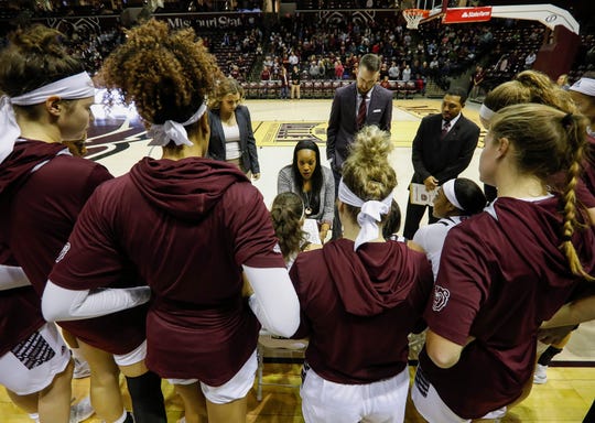 Missouri State Lady Bears head coach Amaka Agugua-Hamilton coaches her players during an exhibition game against Lincoln at JQH Arena on Monday, Oct. 28, 2019.