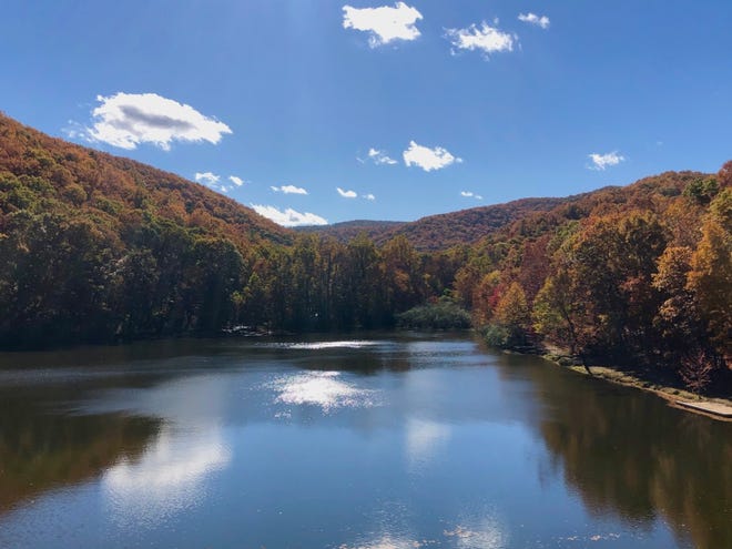 The Upper Sherando Lake is surrounded by gold, brown, red and green. Photo taken Oct. 27, 2019 at the George Washington National Forest in Lyndhurst, VA.