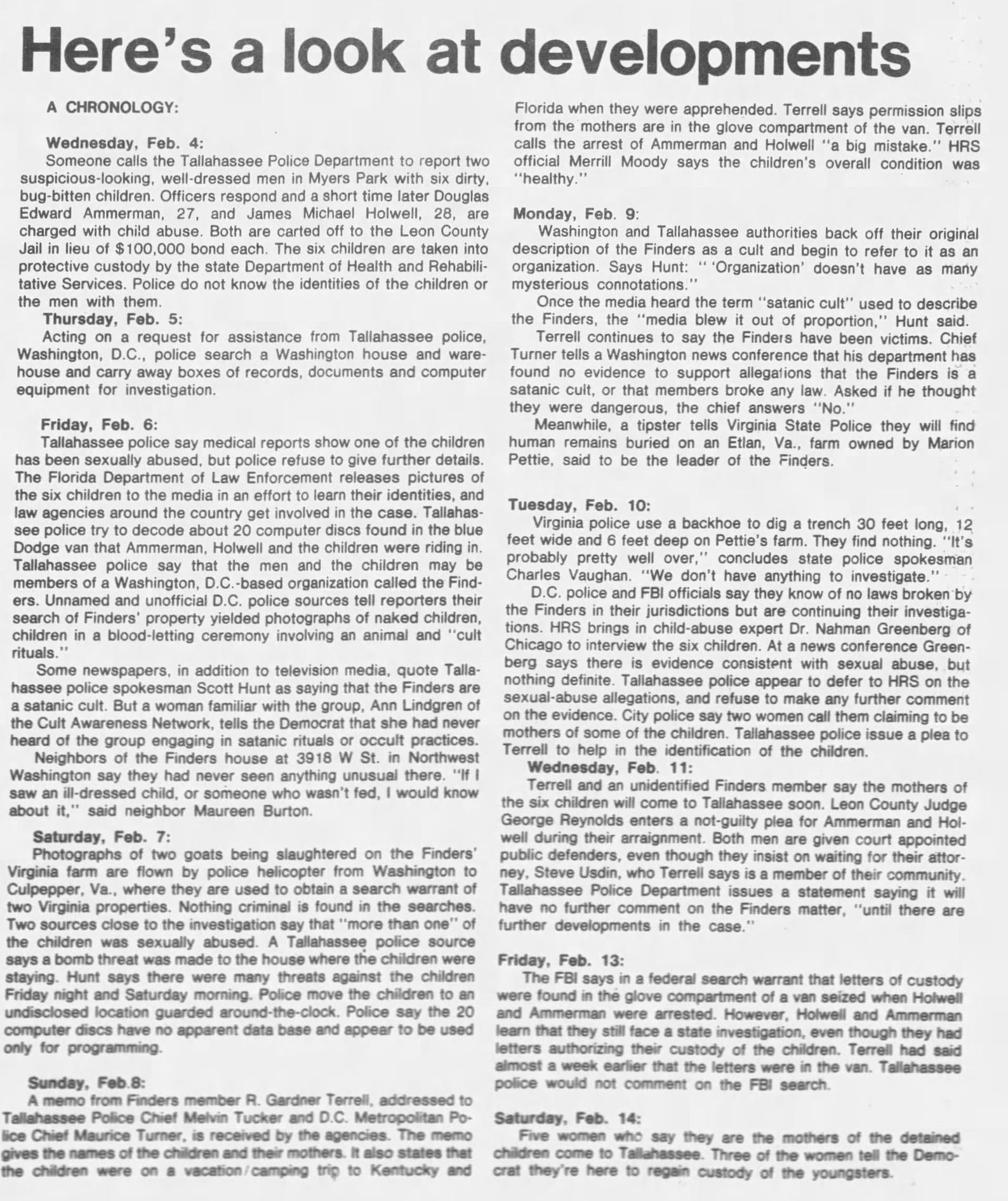 A Tallahassee Democrat article from 1987 had this chronology of the case.