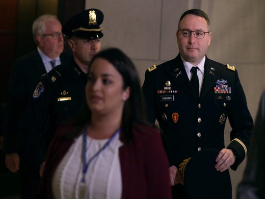 Army Lieutenant Colonel Alexander Vindman, Director for European Affairs at the National Security Council, arrives at a closed session before the House Intelligence, Foreign Affairs and Oversight committees Oct. 29, 2019 at the U.S. Capitol in Washington, DC. Vindman was on Capitol Hill to testify to the committees for the ongoing impeachment inquiry against President Donald Trump.