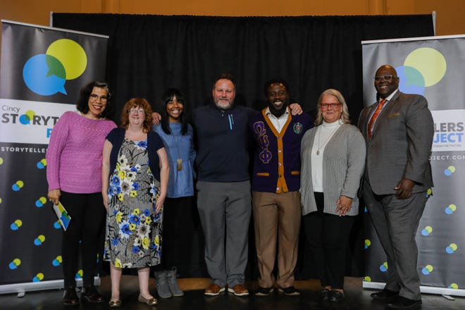 Storytellers and coaches Anne Saker and Byron McCauley stand together after Cincinnati Storytellers: Growing Up, on Tuesday, Oct. 29, 2019.