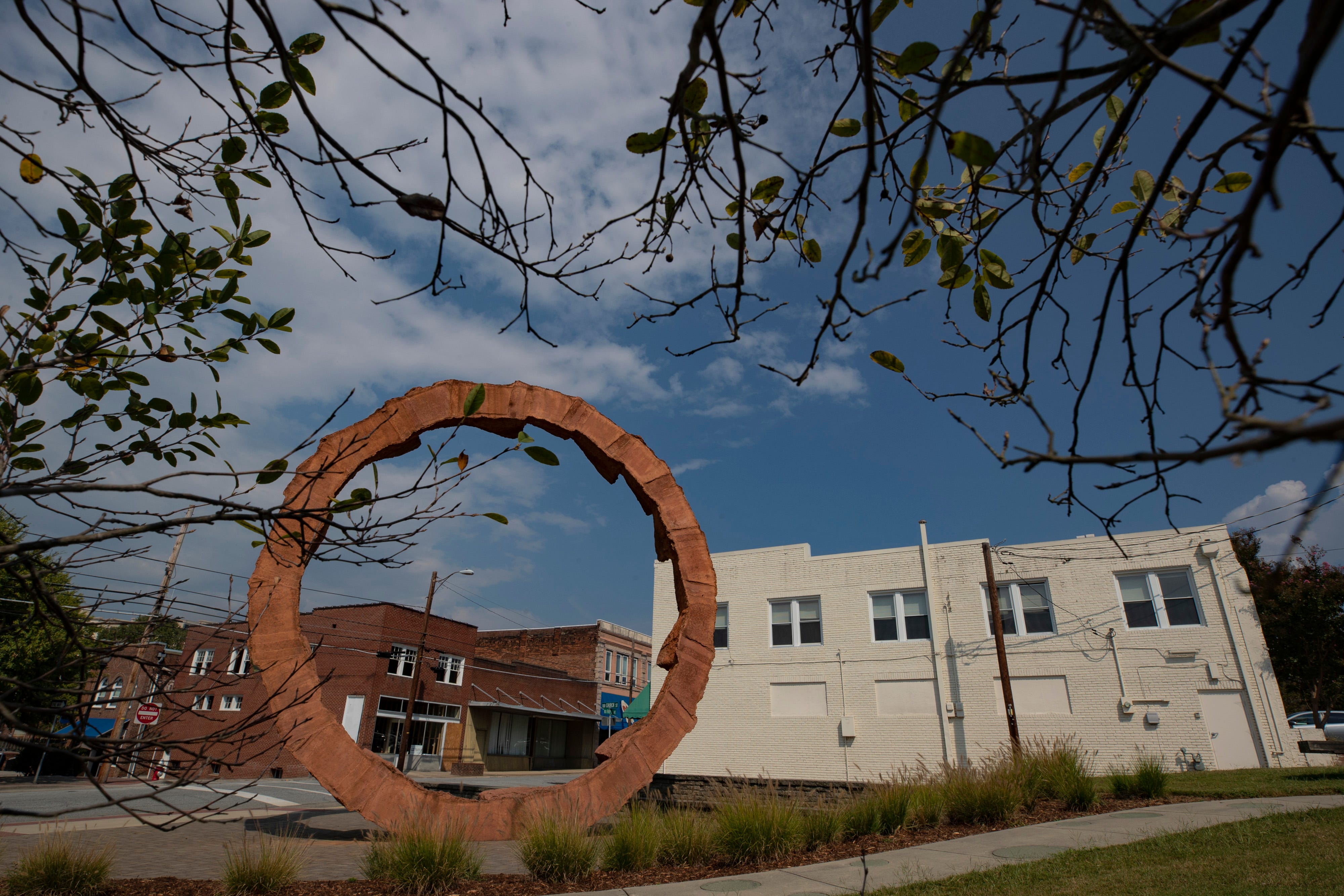 The "Across the Grain" sculpture by Thomas Sayre in downtown Lenoir, North Carolina. Oct. 1, 2019