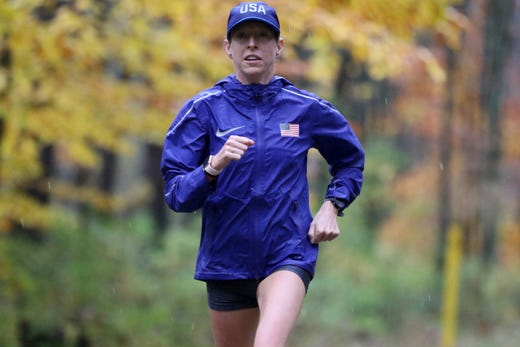 Roberta Groner is shown during a training run on a wet Columbia Trail, in Long Valley. Groner, who was the first American to finish at the World Championship marathon in Doha, Qatar, on September 27, will be running the New York City Marathon, on November 3. Groner is a mother of three as well as a full time nurse, and still manages time to run approximately 100 miles a week during her peak training. Sunday, October 27, 2019