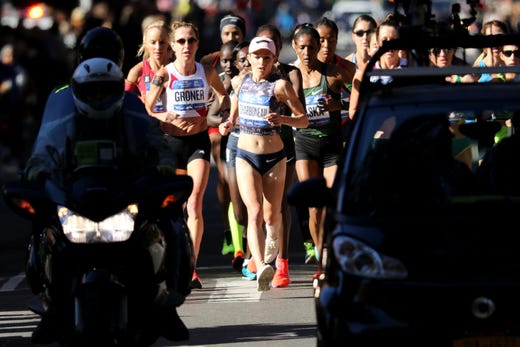 Brittany Charboneau leads the elite women in Brooklyn. Roberta Groner can be seen right next to her during the 2018 New York City Marathon. Sunday, November 4, 2018