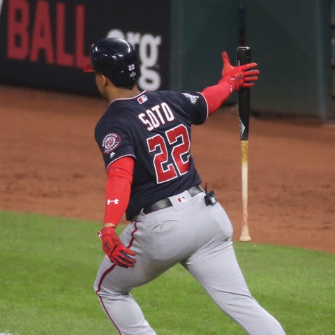 Nationals left fielder Juan Soto hits a solo home 