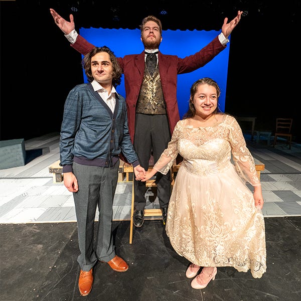 The musical "The Fantasticks" will be presented Nov. 13-16 at 7:30 p.m. in the Benstead Theatre at Ripon College. Pictured are, from left: Benjamin Marns as Matt, Wil Bridenhagen as El Gallo and Maria Reber as Luisa.