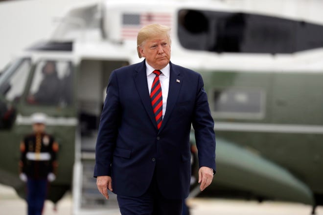 President Donald Trump departs O'Hare International Airport after speaking at the International Association of Chiefs of Police Annual Conference and Exposition, Monday, Oct. 28, 2019, in Chicago.