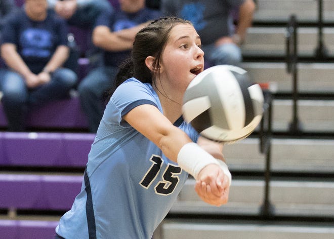 Adena's Camryn Carroll digs a ball during a 3-0 loss to Wheelersburg in a Division 3 regional semifinal game at Logan High School on Thursday, October 31, 2019.