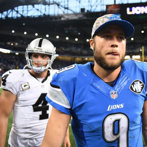 Matthew Stafford leaves the field after the Detroi